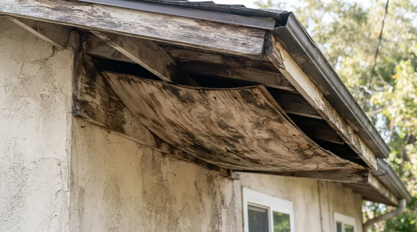 Water-damaged soffit panel on a San Jose eave
