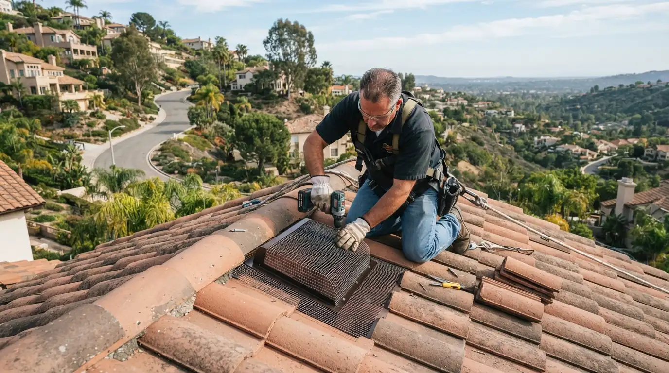 Ember-resistant vent on a hillside roof