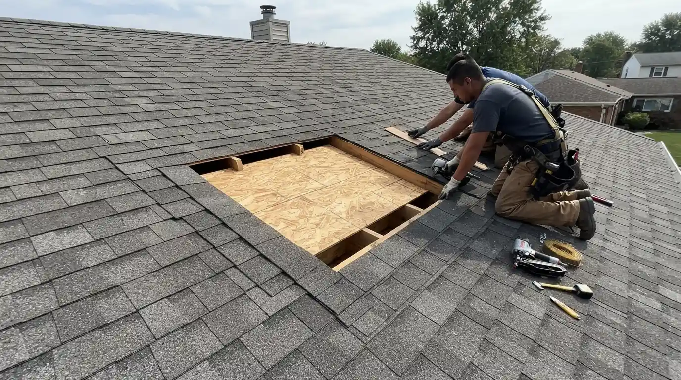 Roof patched where a chimney was removed