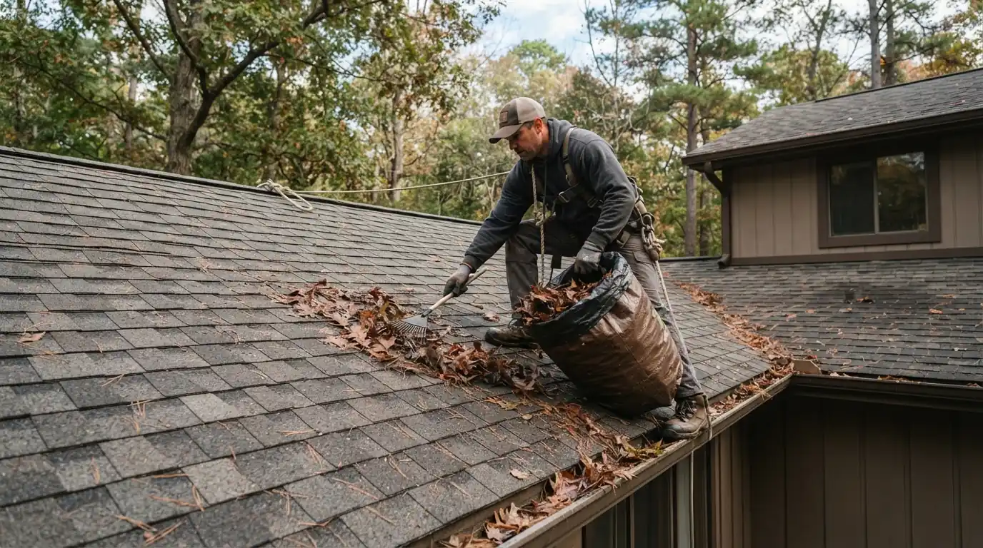 Clearing leaves from a San Jose roof