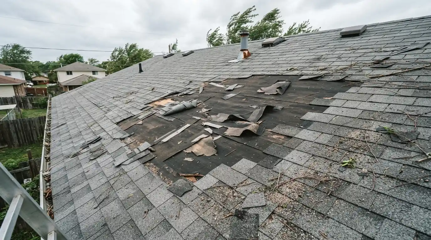 Wind-damaged shingles on a San Jose roof