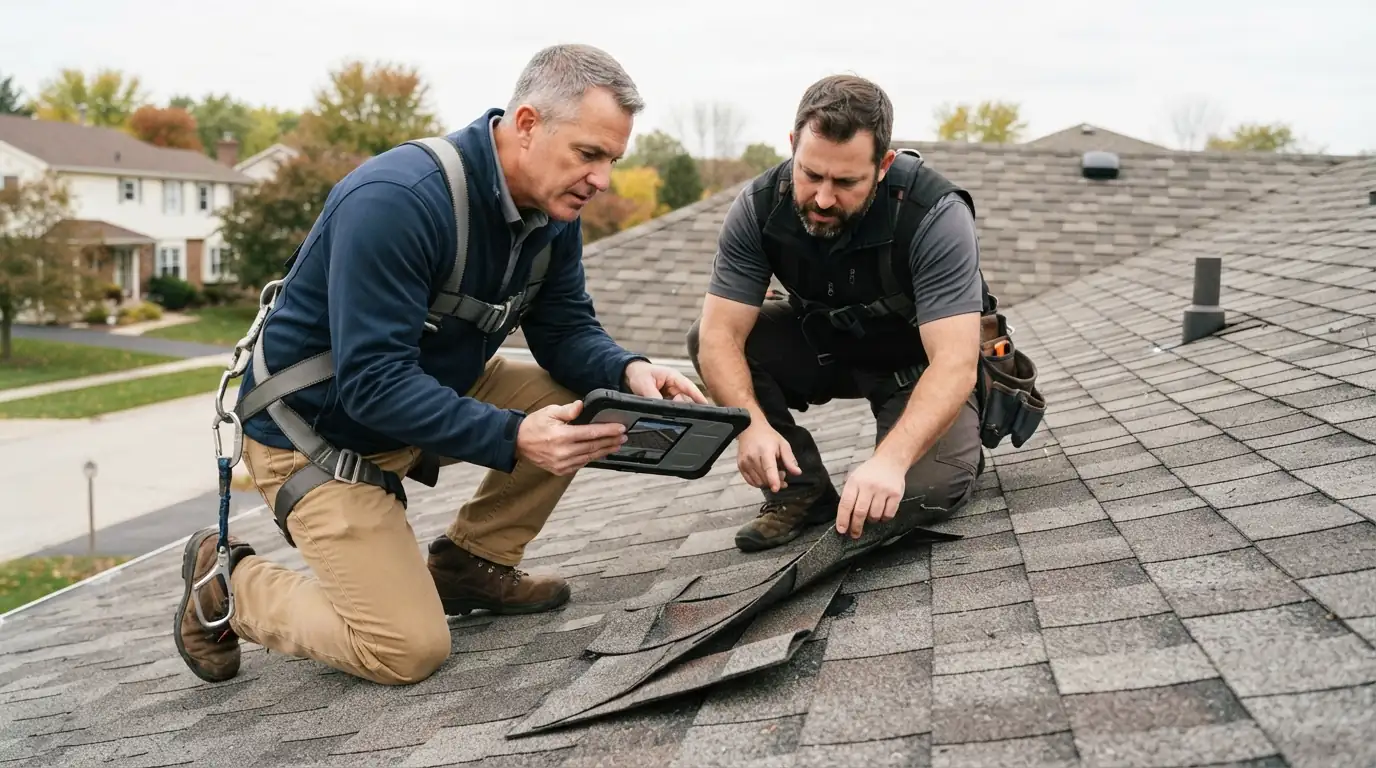 Adjuster and roofer inspecting storm damage