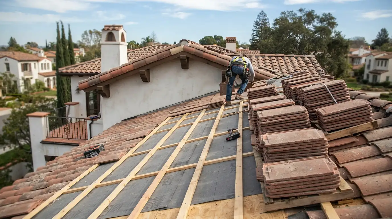 Concrete tiles staged for a San Jose re-roof