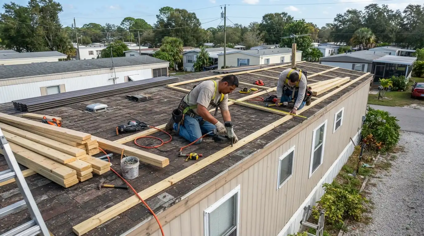 Metal roof-over on a San Jose mobile home